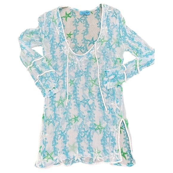 Letarte sheer handmade 100% silk beaded tunic top white & turquoise size small - Picture 7 of 11